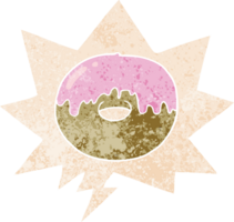 dibujos animados rosquilla con habla burbuja en grunge afligido retro texturizado estilo png