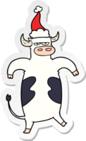hand drawn sticker cartoon of a bull wearing santa hat png