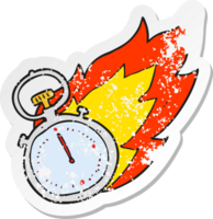 retro distressed sticker of a cartoon flaming stop watch png