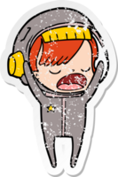 distressed sticker of a cartoon astronaut woman explaining png