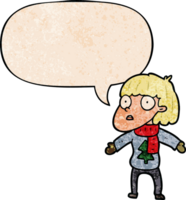 cartoon surprised christmas person with speech bubble in retro texture style png