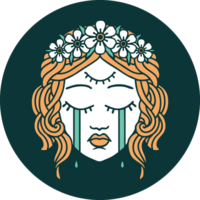 iconic tattoo style image of female face with third eye and crown of flowers cyring png