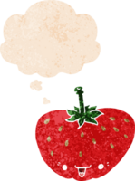 cartoon strawberry with thought bubble in grunge distressed retro textured style png