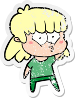 distressed sticker of a cartoon whistling girl png