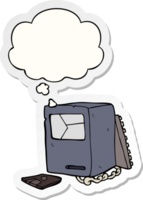 cartoon broken old computer with thought bubble as a printed sticker png