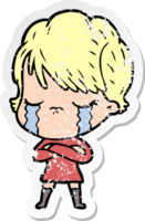 distressed sticker of a cartoon woman crying png