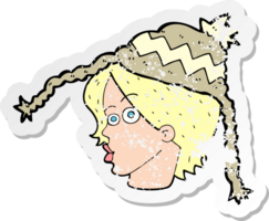 autocollant rétro en détresse d'une femme de dessin animé portant un chapeau d'hiver png