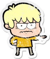 distressed sticker of a annoyed cartoon boy png