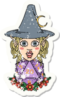 grunge sticker of a elf mage character with natural twenty dice roll png