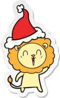 en riant Lion main tiré autocollant dessin animé de une portant Père Noël chapeau png