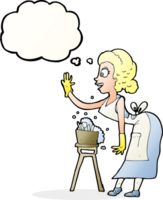 karikaturhausfrau, die sich mit gedankenblase abwäscht png