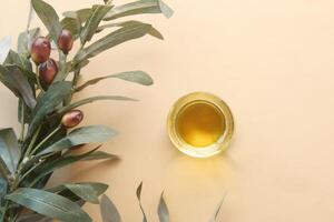 bottle of olive oil and olive leaves on yellow photo