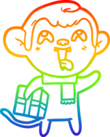 rainbow gradient line drawing of a crazy cartoon monkey with christmas present png