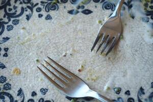 An empty dirty plate with a fork. photo