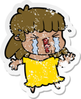 distressed sticker of a cartoon woman in tears png