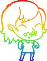 rainbow gradient line drawing of a cartoon vampire girl with blood on cheek png