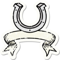 worn old sticker with banner of a horse shoe png