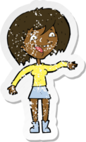 retro distressed sticker of a cartoon waving woman png