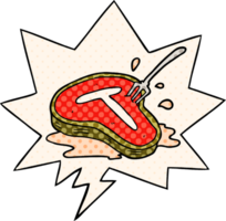 cartoon cooked steak and fork with speech bubble in comic book style png