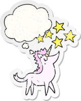 dibujos animados unicornio con pensamiento burbuja como un afligido desgastado pegatina png