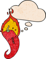 cartoon flaming hot chili pepper with thought bubble in grunge texture style png