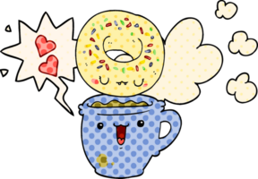 cute cartoon donut and coffee with speech bubble in comic book style png