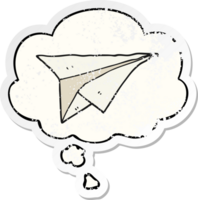 dessin animé papier avion avec pensée bulle comme une affligé usé autocollant png