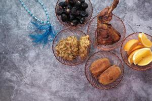 high angle view of Ramadan food in a plate photo