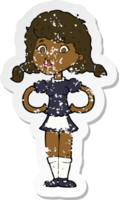 retro distressed sticker of a cartoon happy waitress woman png