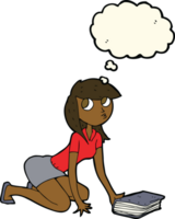 cartoon girl picking up book with thought bubble png