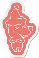 quirky cartoon  sticker of a bear showing teeth wearing santa hat png