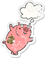 divertente cartone animato maiale con pensato bolla come un' afflitto logoro etichetta png
