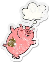 funny cartoon pig with thought bubble as a distressed worn sticker png