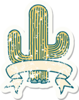 worn old sticker with banner of a cactus png