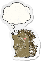 cute cartoon hedgehog with thought bubble as a distressed worn sticker png