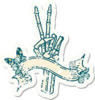 worn old sticker with banner of a skeleton giving a peace sign png