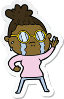 sticker of a cartoon crying woman wearing spectacles png