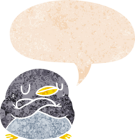 cartoon penguin with speech bubble in grunge distressed retro textured style png