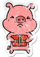 distressed sticker of a cartoon angry pig with christmas present png