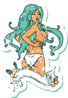 distressed sticker tattoo in traditional style of a pinup viking girl with banner png