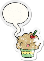 funny cartoon cupcake with speech bubble distressed distressed old sticker png