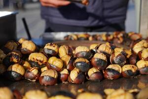 traditional Istanbul street food grilled chestnuts in a row photo