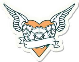 sticker of tattoo in traditional style of heart with wings flowers and banner png