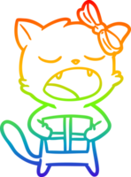 rainbow gradient line drawing of a cartoon cat with christmas present png