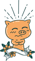 scroll banner with tattoo style nervous pig character png