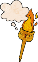 cartoon flaming torch with thought bubble in grunge texture style png