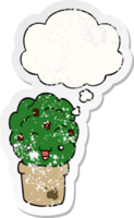 cartoon shrub in pot with thought bubble as a distressed worn sticker png