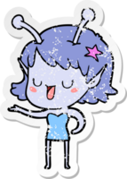 distressed sticker of a happy alien girl cartoon laughing png