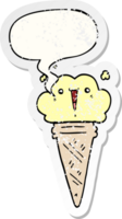 dessin animé la glace crème avec visage avec discours bulle affligé affligé vieux autocollant png