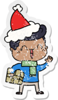 mão desenhado angustiado adesivo desenho animado do uma rindo Garoto vestindo santa chapéu png